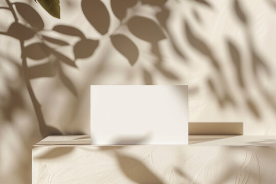 White Business Card Mockup with Neutral Tones Gradient and Leaf Shadows - Luxury Template Design
