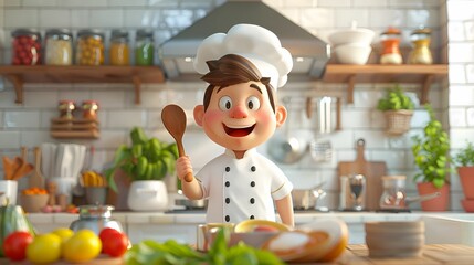 A happy cartoon chef holding a wooden spoon in a well-stocked kitchen.