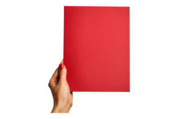 Hand holding red paper isolated on transparent background