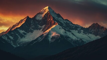Epic Snowy Mountain Range At Dawn With Dark Red Skies.