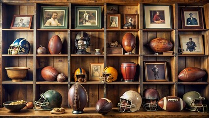 Vintage football memorabilia displayed on shelves , sports, collection, nostalgia, retro, old, antique, display, store