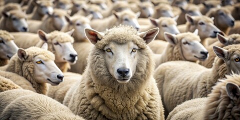 Wolf disguised as a sheep blending in with flock in wool clothing, wolf, disguise, sheep, flock, wool, clothing, camouflage