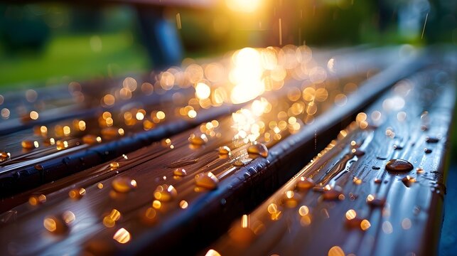 Tranquil Morning: Close-up of Garden Bench in Drizzle with Wet Wood Texture in Serene Light