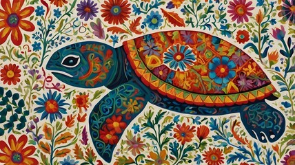 Fototapeta premium Otomi embroidery, featuring a Turtle adorned with whimsical and intricate designs hispanic textile. 