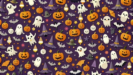 Fototapeta premium Spooky Halloween seamless pattern with bats, ghosts, pumpkins, and witches, Halloween, seamless, pattern, bats, ghosts, pumpkins