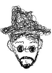 Line sketch outline of a man's face  Wear a hat and glasses.