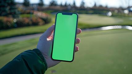 Smartphone mockup with green screen at golf course.