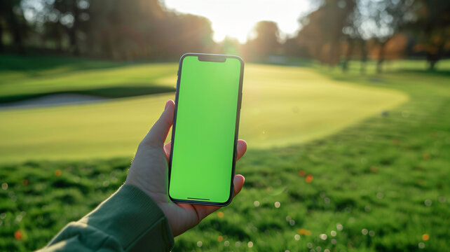 Smartphone mockup with green screen at golf course.