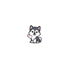 Cute siberian husky puppy sitting and waving paw cartoon, vector illustration