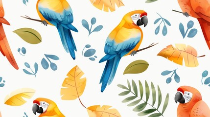 Fototapeta premium Seamless pattern with vibrant parrots, colorful leaves, and foliage on a white background. Perfect for tropical-themed designs and projects.
