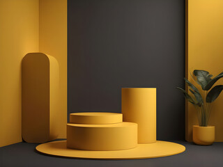 Yellow cylinder pedestal podium set with dark and yellow background. Minimalist scene for product presentation.	