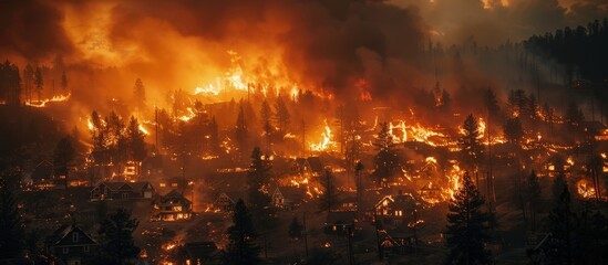Fototapeta premium Devastating Forest Fire Engulfing Mountain Village at Night with Intense Flames and Smoke