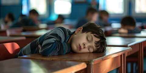 Student sleeping on desk in classroom