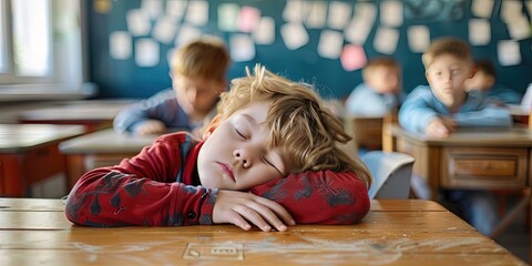 Student sleeping on desk in classroom