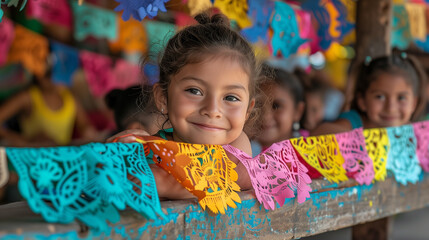 children joyfully crafting colorful papel picado (cut paper banners) at a community workshop.