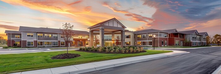 Retirement home for elderly care - large commercial apartment-style living for seniors - exterior