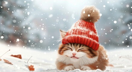 A Cozy Cat Wearing an Orange Hat Enjoys the Snowfall