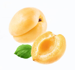 ripe apricot with slice and leaf isolated white background