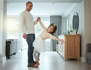 Girl, father and happy in home with dancing on feet for support, teaching or learning new ballet...