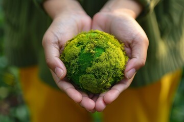 Hands holding a green moss ball symbolizing the Earth in a gesture of environmental care