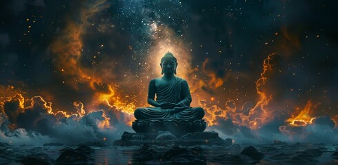 Buddha Meditating in a Starry Sky Above Clouds