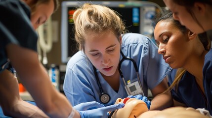 A medical team conducting a training session, practicing life-saving techniques on a mannequin