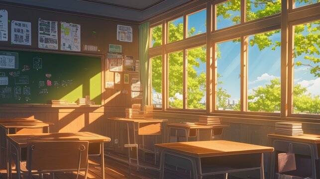 An old Japanese classroom with windows and tables, shelves with books, aesthetic green nature, anime inspired artwork
