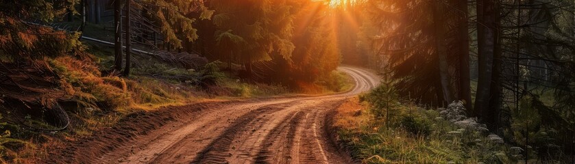 Naklejka premium A sun is shining through the trees, casting a warm glow on the road. The scene is peaceful and serene, with the sun's rays creating a beautiful and calming atmosphere