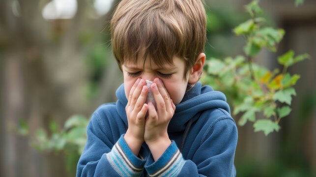 Kid child sneeze outside in park hands on face Caucasian boy in hoodie get flu catch cold