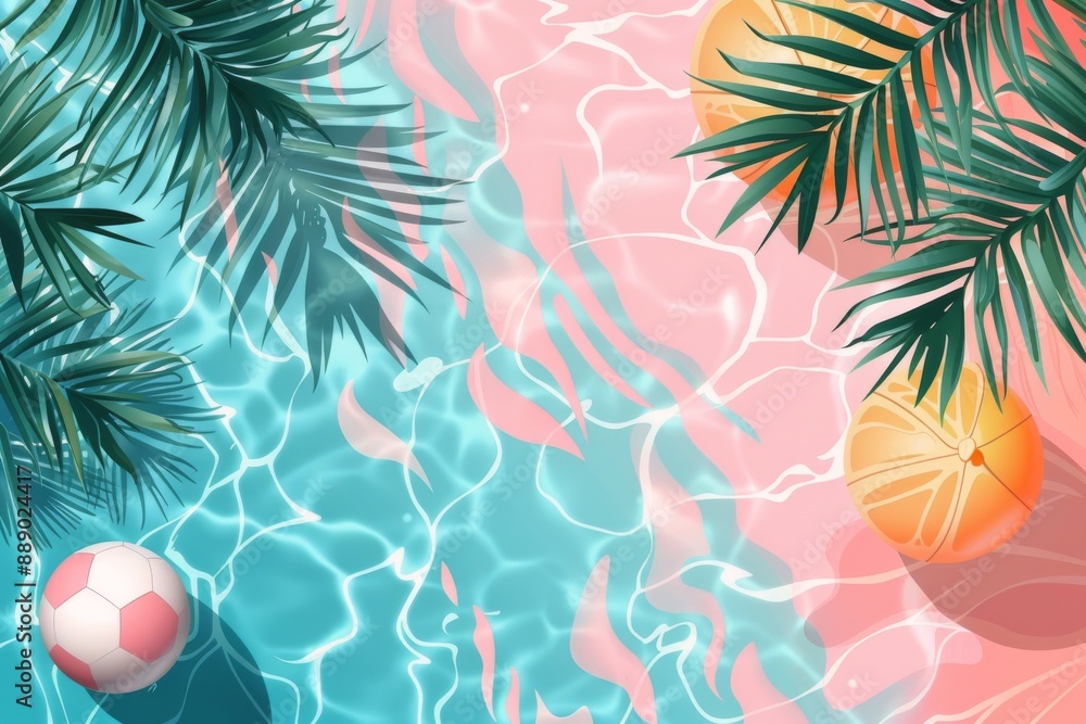Poster overhead view of swimming pool with palm trees and beach ball