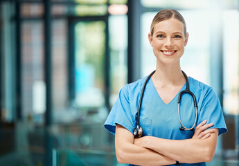 Portrait, woman and nurse with arms crossed, clinic and confident in space, stethoscope and proud....