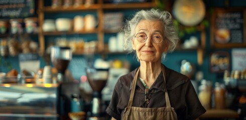 Fototapeta premium Senior Woman Working Behind Counter in a Coffee Shop
