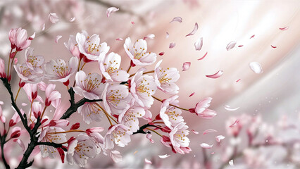 Elegant cherry blossoms with soft light background, ideal for product presentations, conveying a sense of beauty and serenity. 