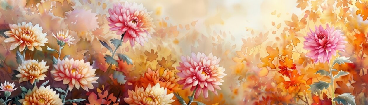 Fall garden with blooming chrysanthemums and asters, watercolor painting, warm autumn colors, soft sunlight, detailed petals and leaves, cozy and serene atmosphere