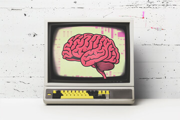 Vintage pc on white background with pop art brain illustration on the screen, artificial...