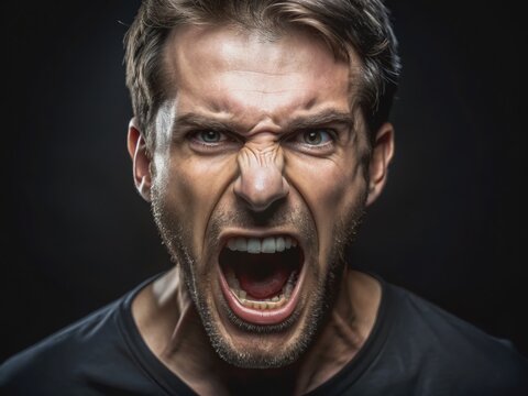 Close-up of intense, angry male facial expression with mouth open in a loud scream, isolated on a pure black background with strong lighting contrast.
