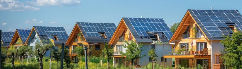 Fototapeta premium A row of houses with solar panels on the roofs. The houses are all different sizes and styles, but they all have the same feature of solar panels. The scene gives off a sense of sustainability