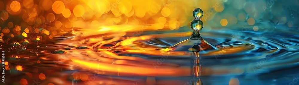Poster vibrant water droplet creating ripples in colorful background, showcasing fluid dynamics and water m