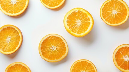 Obraz premium Fresh orange slices on white background top view promoting healthy lifestyle