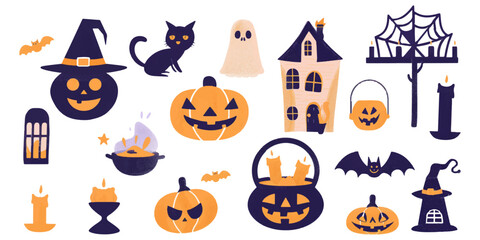 Obraz premium Vector flat color cute Halloween elements isolated on white background