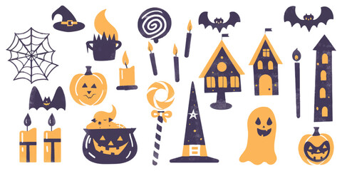 Vector flat color cute Halloween elements isolated on white background