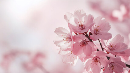 Obraz premium Elegant cherry blossoms with soft light background, ideal for product presentations, conveying a sense of beauty and serenity. 