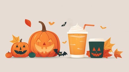Halloween festive pumpkins and autumn leaves with seasonal drinks, featuring jack-o'-lanterns and flying bats for a spooky celebration.