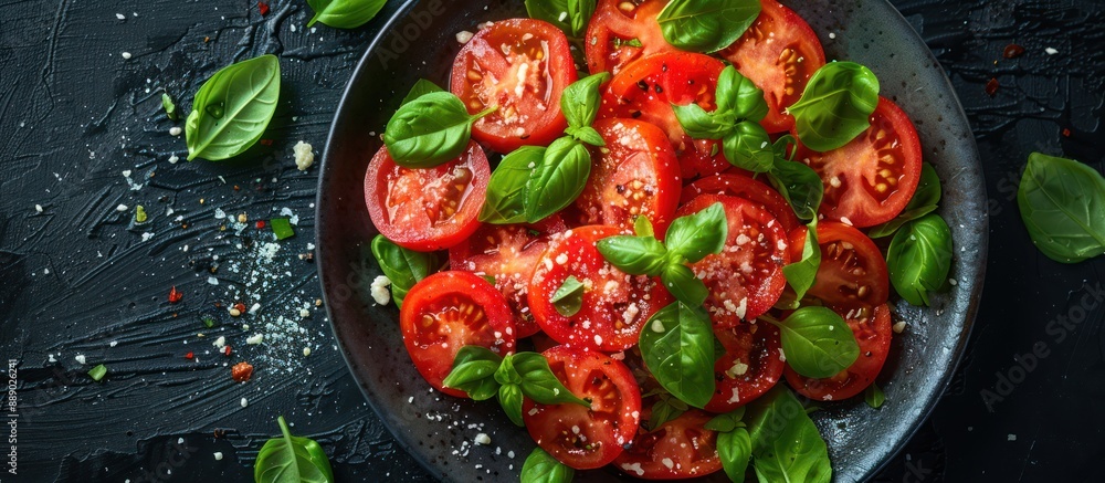 Sticker Fresh Tomato and Basil Salad with a Black Background