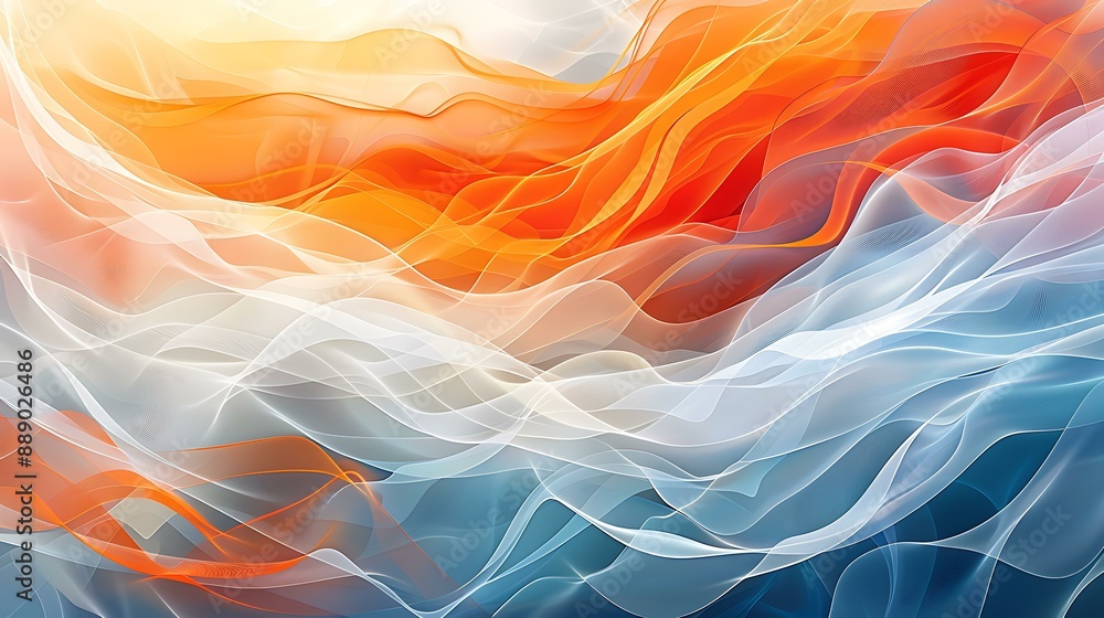 Aufkleber dynamic composition with flowing wave patterns in shades of orange, white, and blue on an abstract b