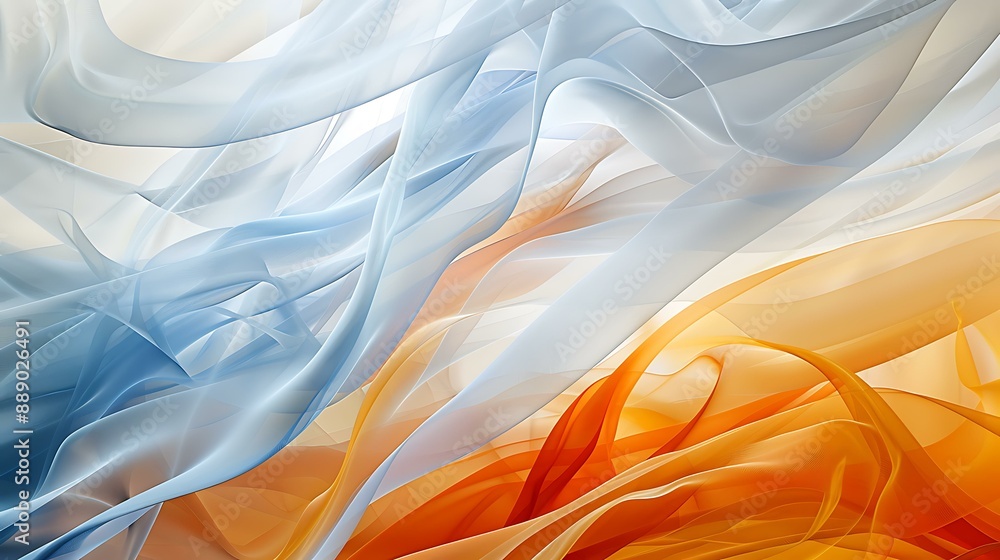 Poster dynamic composition with flowing wave patterns in shades of orange, white, and blue on an abstract b