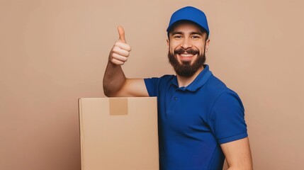 happy young man in blue uniform giving thumbs up, holding cardboard box, on light brown background with copy space, professional photography