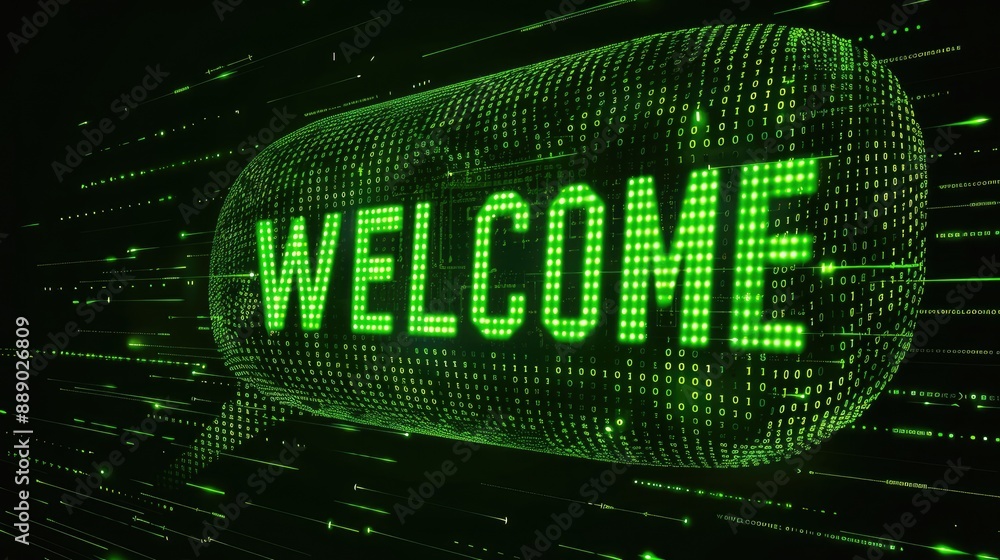 Poster digital welcome text on green binary code background illustration
