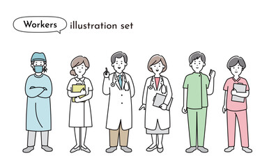 様々なポーズをとる医療従事者のイラストセット
