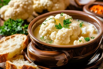 Creamy Cauliflower Soup With Fresh Parsley and Crusty Bread